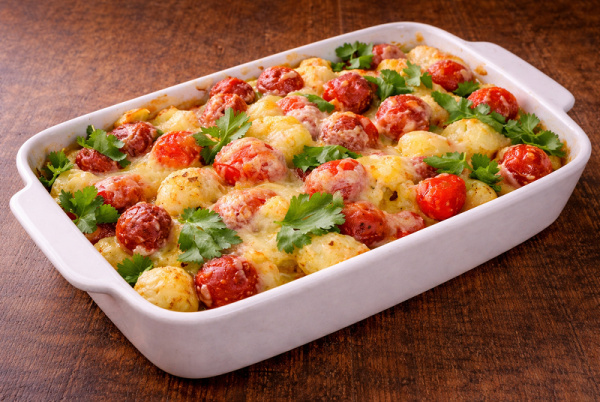 Запеченный картофель с пикантными пражскими колбасками